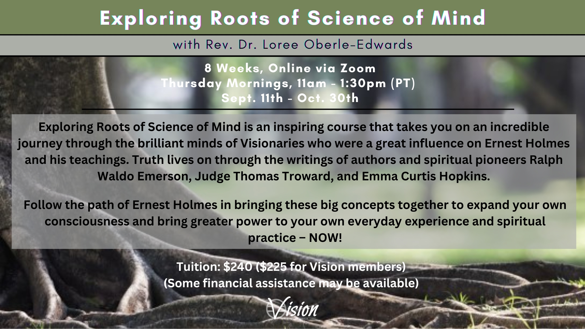 Course exploring the roots of Science of Mind with Rev. Dr. Loree Oberle-Edwards online.
