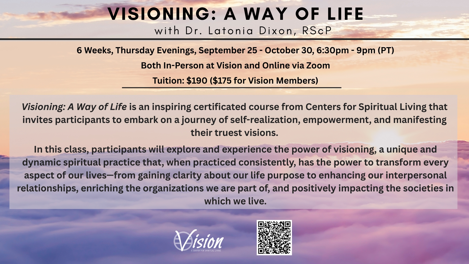Course flyer for Visioning: A Way of Life with Dr. Latonia Dixon, a six-week spiritual empowerment class.