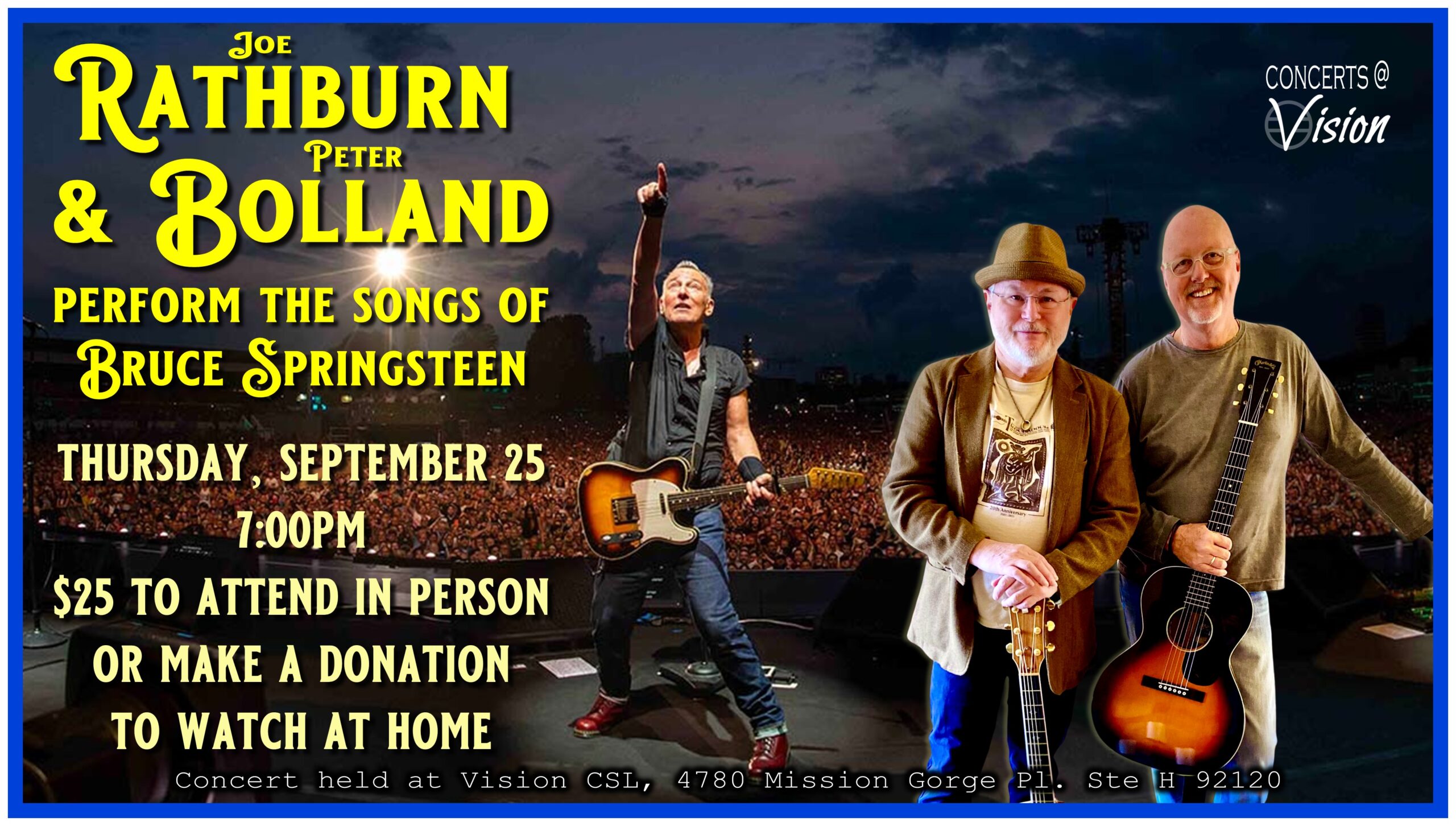 Joe Rathburn and Peter Bolland perform Bruce Springsteen songs live and online.