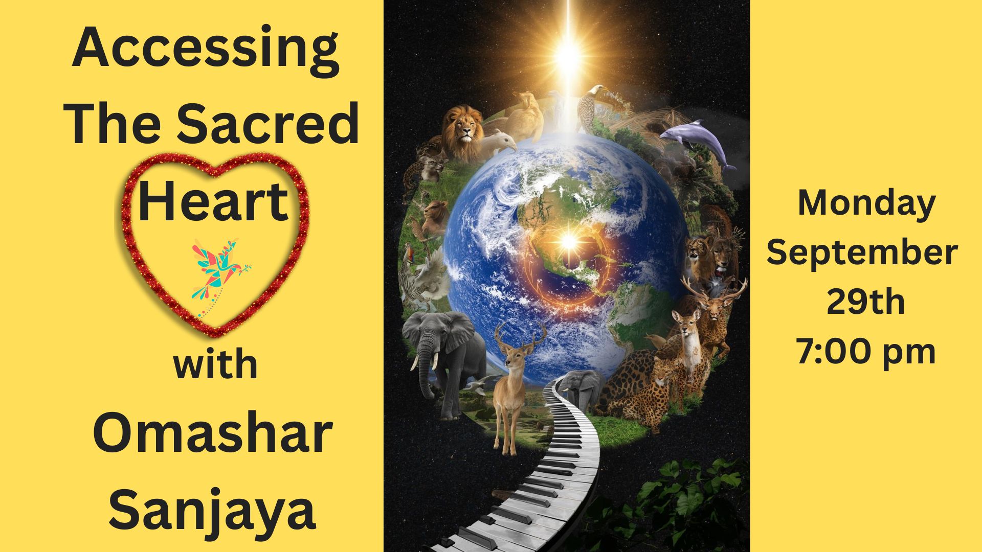 Event poster featuring Earth surrounded by animals and a glowing heart symbol.