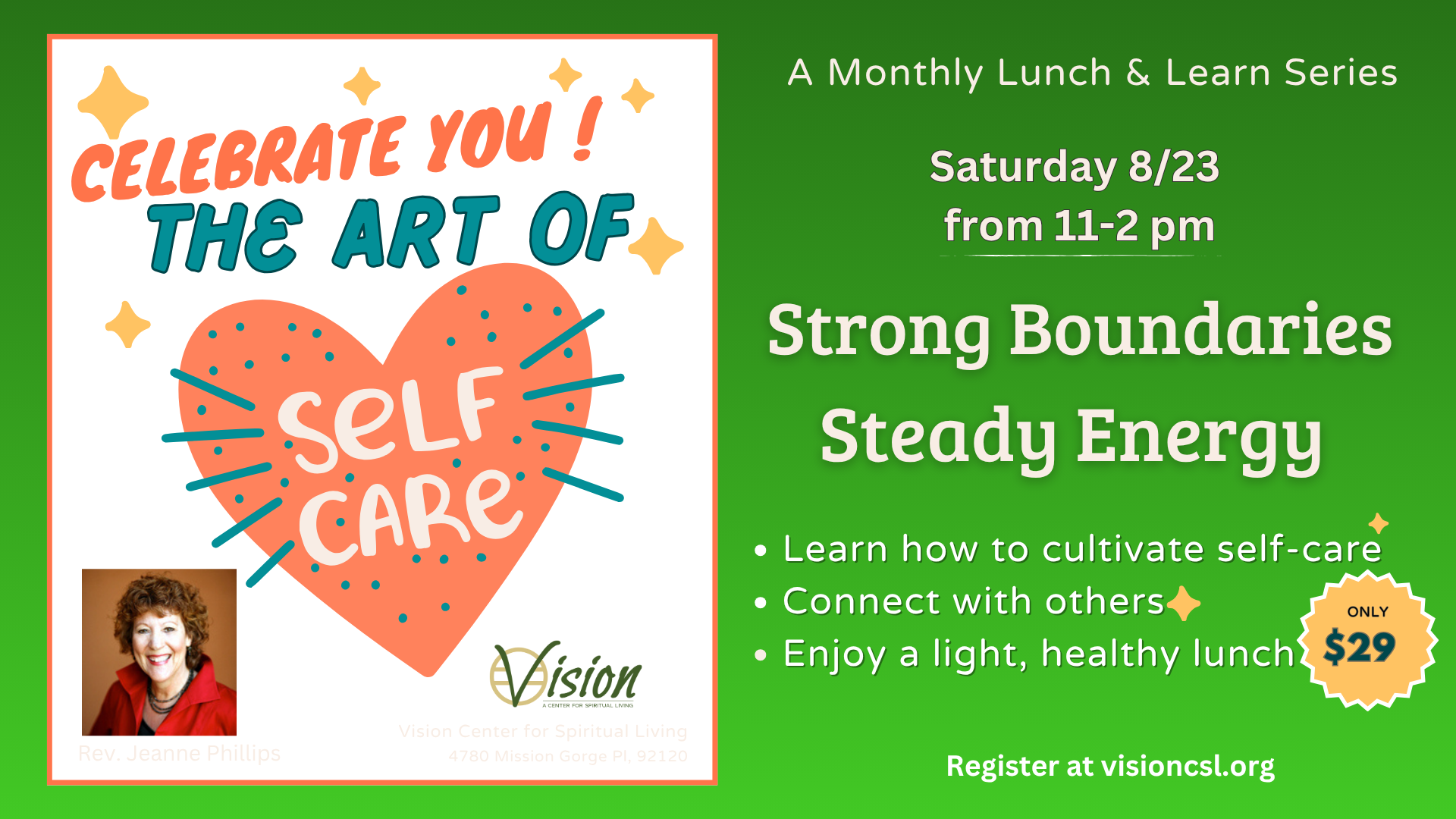 Flyer promoting a self-care lunch and learn event on August 23 at Vision Center for Spiritual Living.