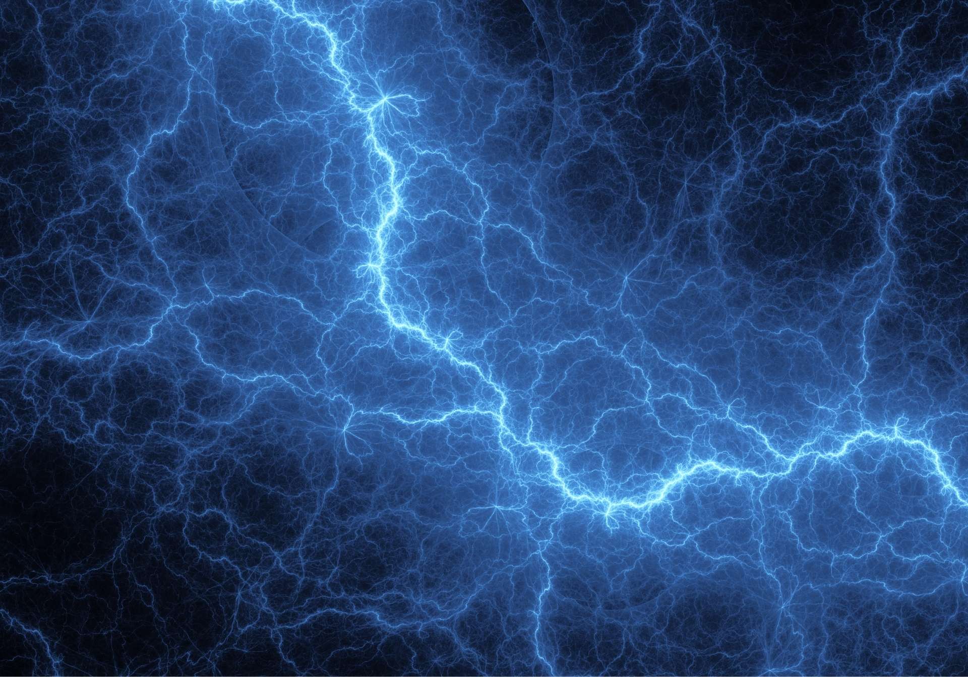 Bright blue lightning bolts crackle against a dark background.