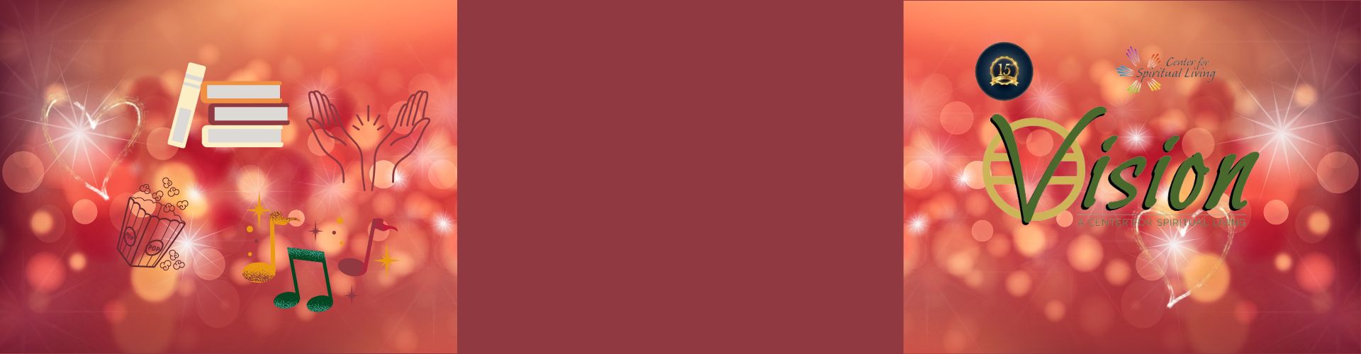 A festive background with icons of books, music, popcorn, and hands, featuring the word 'Vision' and spiritual logos.