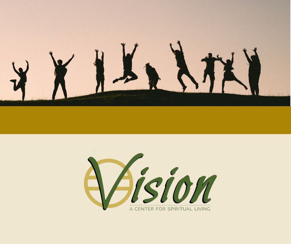 Silhouetted group joyfully jumping on a hill with Vision spiritual center logo below.