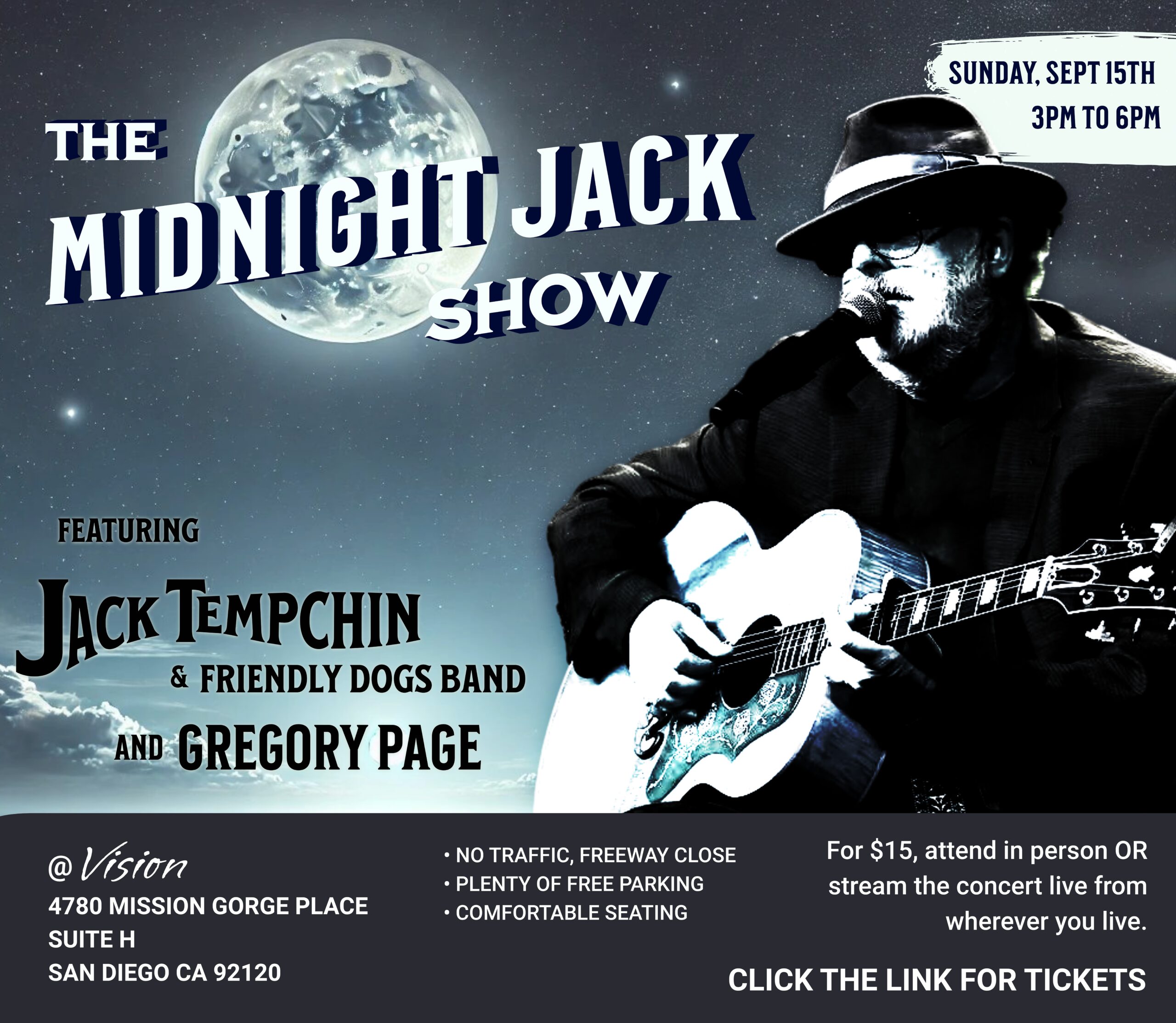 Poster for The Midnight Jack Show featuring Jack Tempchin and Gregory Page on Sept 15th in San Diego.