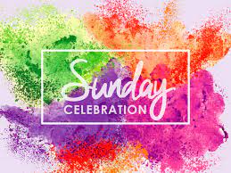 Colorful powder explosion with 'Sunday Celebration' text in white.
